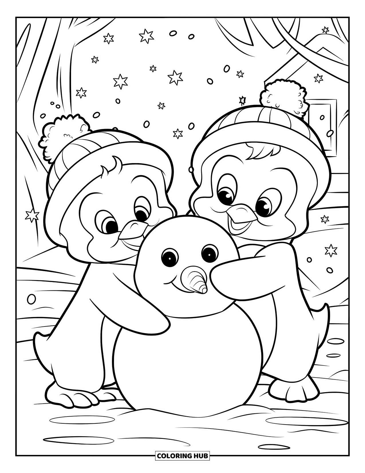 Baby Penguin Coloring Page for Kids: Two baby penguins in tiny hats rolling snow to build a happy snowman in the snow
