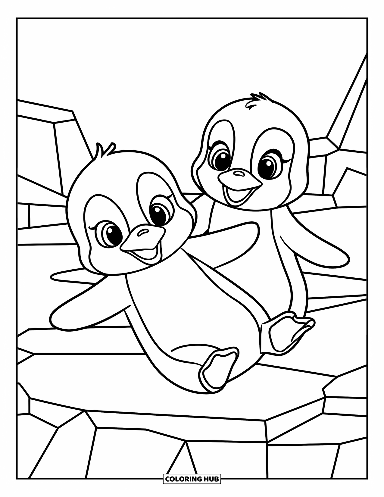Baby Penguin Coloring Page for Kids: Two baby penguins joyfully gliding on ice with a cheerful and playful vibe