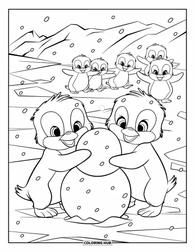 Baby-Pinguin-Ausmalbild für Kinder: Zwei Baby-Pinguine rollen Schnee unter fallenden Schneeflocken, während in der Ferne weitere Pinguine watscheln