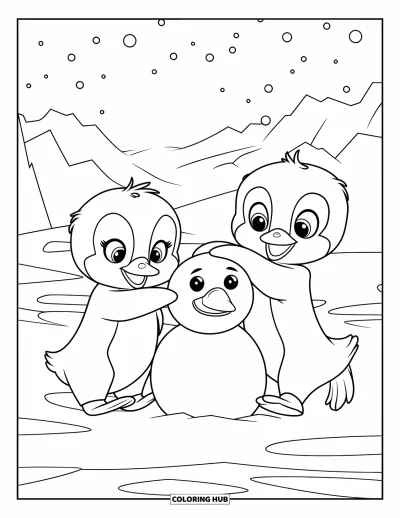 Baby-Pinguin-Ausmalbild für Kinder: Zwei Baby-Pinguine formen einen Schneemann, umgeben von schneebedeckten Bergen und frischer Winterluft