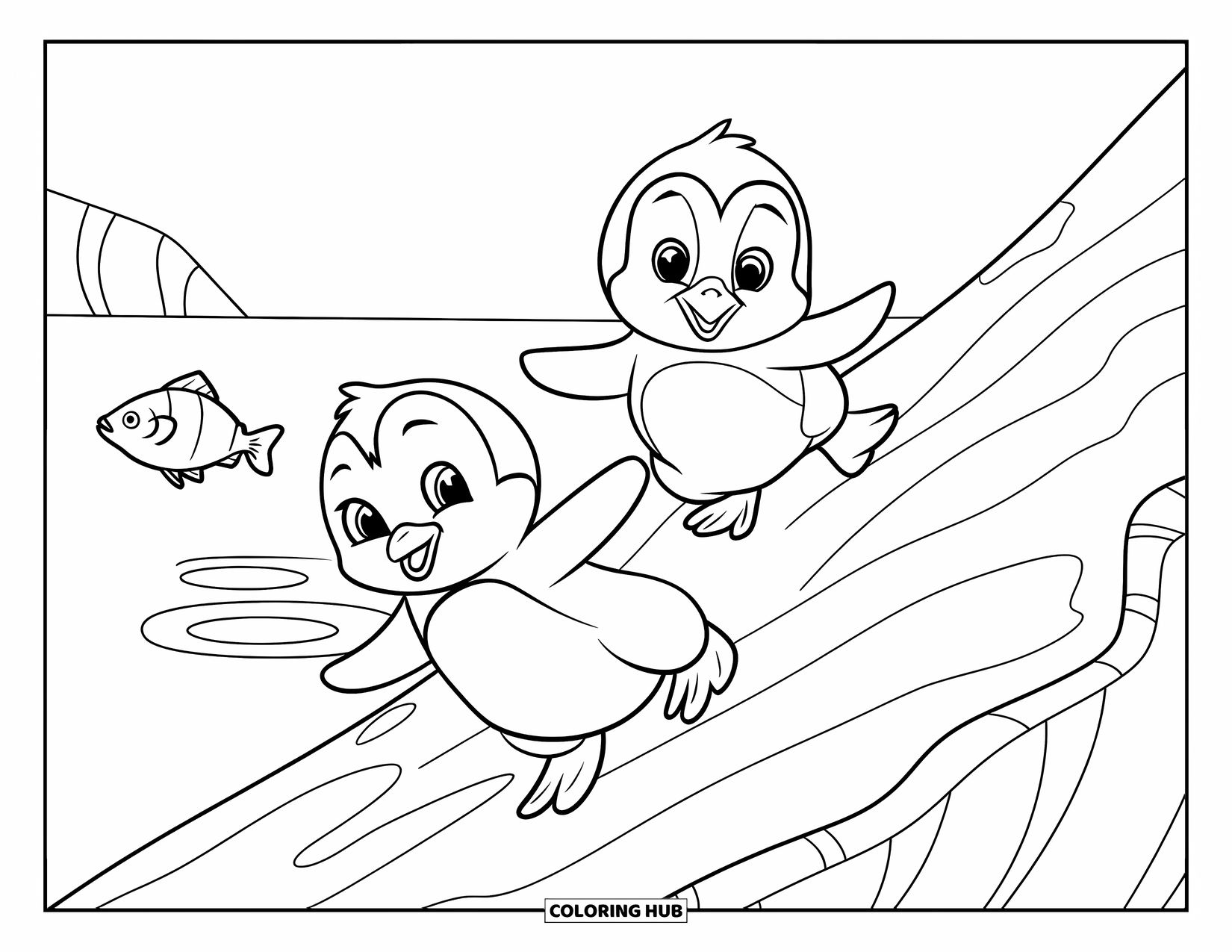 Baby Penguin Coloring Page for Kids: Two baby penguins sliding down an icy slope with rippling water and a fish nearby