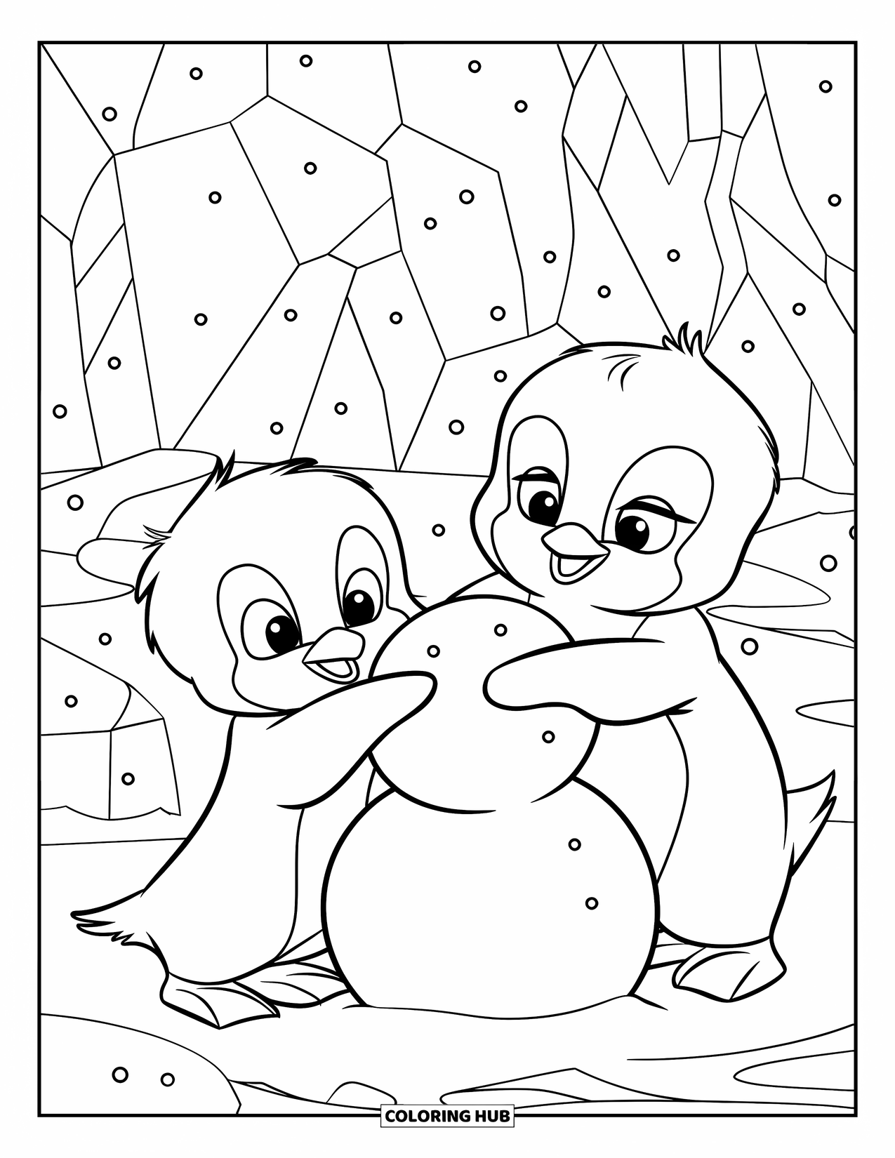 Baby Penguin Coloring Page for Kids: Two baby penguins stacking snowballs as a group of penguins marches behind them