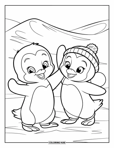 Baby-Pinguin-Ausmalbild für Kinder: Zwei Baby-Pinguine werfen Schneebälle, einer trägt eine winzige Mütze, dahinter schneebedeckte Berge