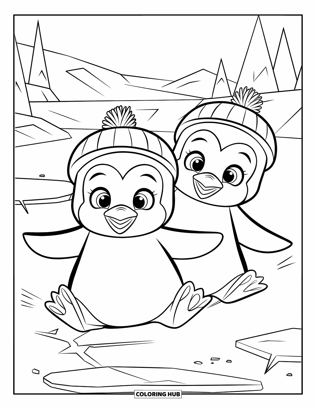 Baby Penguin Coloring Page for Kids: Two baby penguins wearing tiny hats, playfully sliding on ice in a snowy landscape