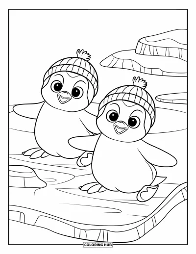 Baby-Pinguin-Ausmalbild für Kinder: Zwei Baby-Pinguine mit kleinen gestreiften Mützen rutschen auf Eis mit geschwungenen Kanten
