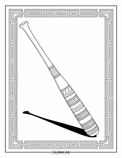 Coloriage de baseball pour adultes : Une batte de baseball gravée de motifs, encadrée de bordures élégantes et de formes géométriques délicates