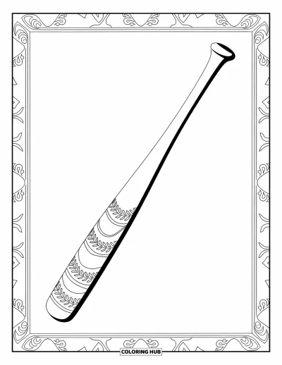 Coloriage de baseball pour adultes : Une batte de baseball avec des motifs complexes le long du fût, encadrée de bordures élégantes et de volutes