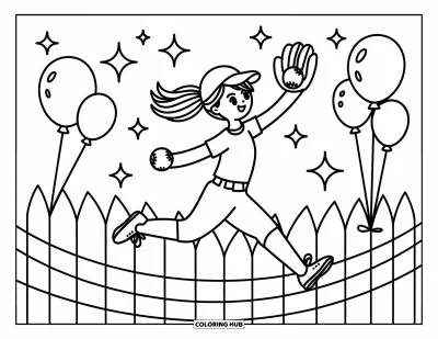 Coloriage de baseball pour adultes : Une joueuse de baseball bondit pour attraper une balle, avec des étincelles et des ballons en arrière-plan