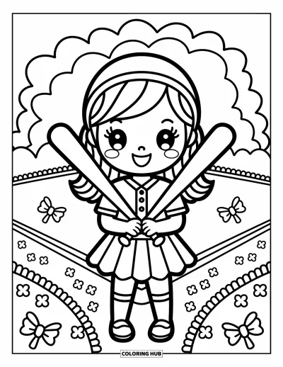 Coloriage de baseball pour adultes : Une joueuse de baseball avec un grand sourire tient deux battes croisées, entourée de détails ludiques