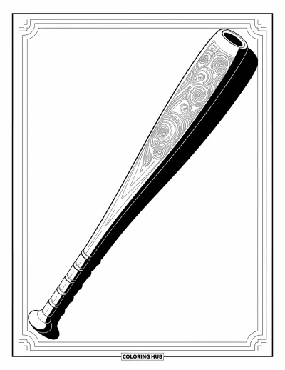 Coloriage de baseball pour adultes : Une batte de baseball sculptée de motifs tourbillonnants, encadrée d’une bordure décorative et de motifs doux