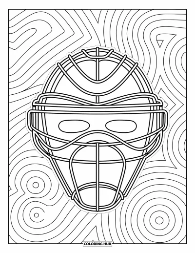 Coloriage de baseball pour adultes : Un masque de receveur avec des volutes et des motifs complexes, encadré de dessins décoratifs détaillés