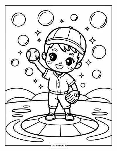 Coloriage de baseball pour adultes : Un jeune lanceur joyeux tient une balle de baseball, avec des bulles et des étoiles qui flottent autour