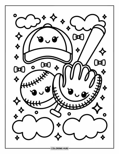 Coloriage de baseball pour adultes : Une casquette, un gant et une batte joyeux avec des visages souriants, entourés de petites étoiles scintillantes