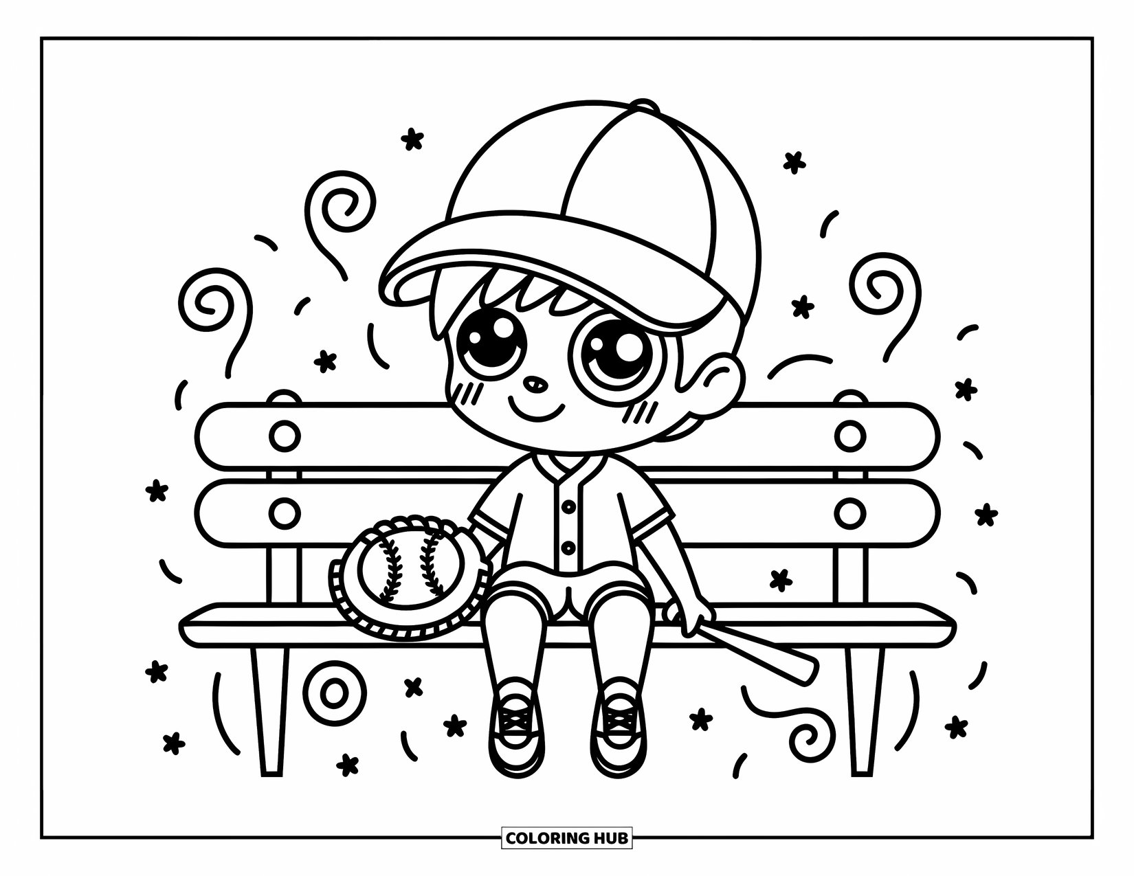 Kolorowanka z baseballem dla dorosłych: Chibi chłopiec grający w baseball siedzi na ławce z rękawicą i kijem obok siebie