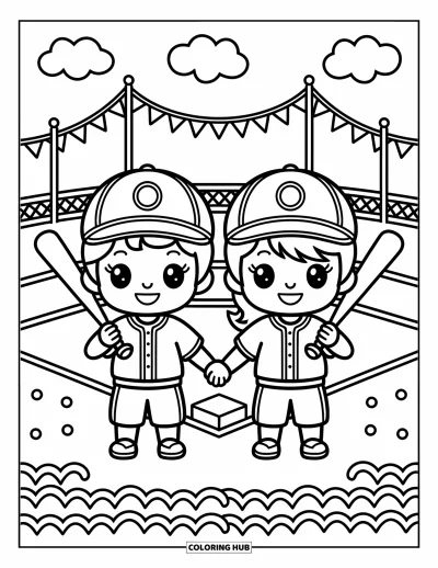 Coloriage de baseball pour adultes : Un garçon et une fille chibi en uniformes de baseball se tiennent la main, avec des battes sur les épaules