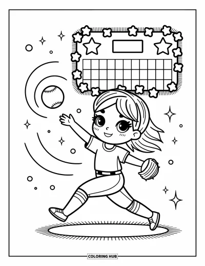 Coloriage de baseball pour adultes : Une lanceuse chibi lance la balle, avec des étincelles, des bulles et un tableau d’affichage étoilé derrière elle