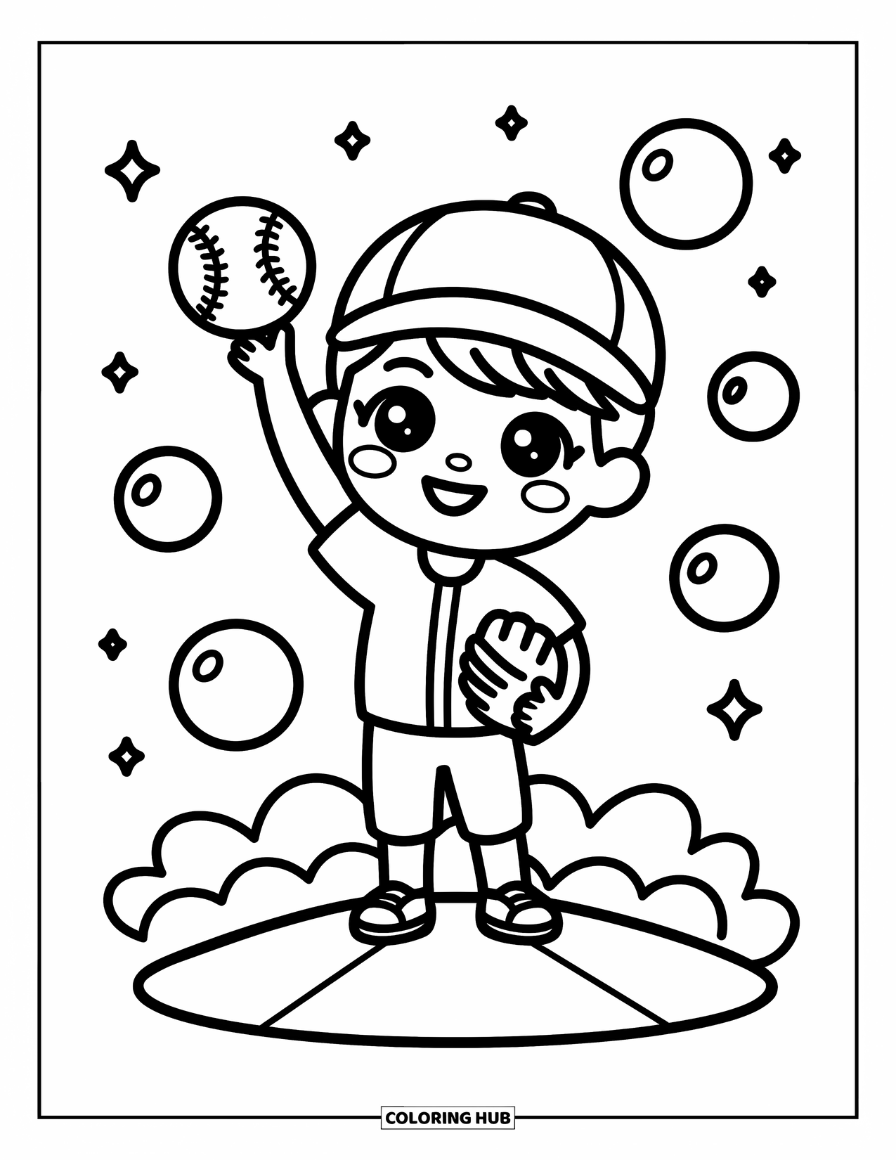 Kolorowanka z baseballem dla dorosłych: Chibi chłopiec-miotacz stoi na wzgórzu, trzymając piłkę baseballową i puszczając figlarnie oczko