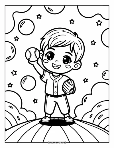 Coloriage de baseball pour adultes : Un garçon lanceur chibi debout sur le monticule, tenant une balle de baseball avec un clin d’œil joueur