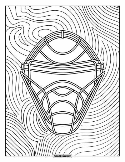 Coloriage de baseball pour adultes : Gros plan sur un masque de receveur entouré de volutes ornées et de motifs géométriques élégants