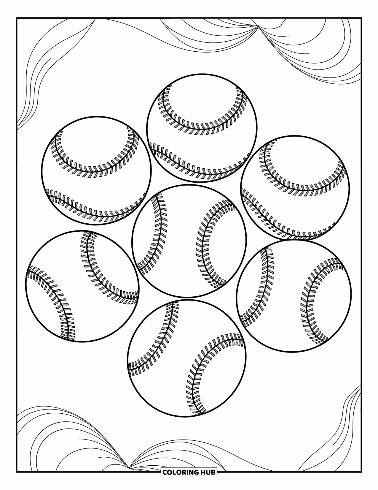 Kolorowanka z baseballem dla dorosłych: Kolekcja piłek baseballowych ze szczegółowymi szwami jest otoczona wirującymi wzorami i geometrycznymi kształtami
