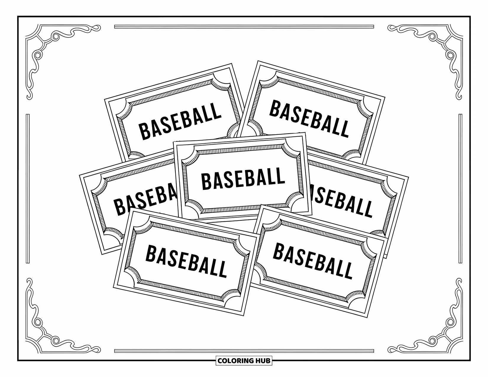 Kolorowanka z baseballem dla dorosłych: Kolekcja szczegółowych biletów na baseball z eleganckimi obramowaniami i figlarnymi wzorami