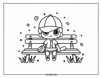 Coloriage de baseball pour adultes : Un adorable garçon de baseball assis sur un banc, sa casquette couvrant un œil