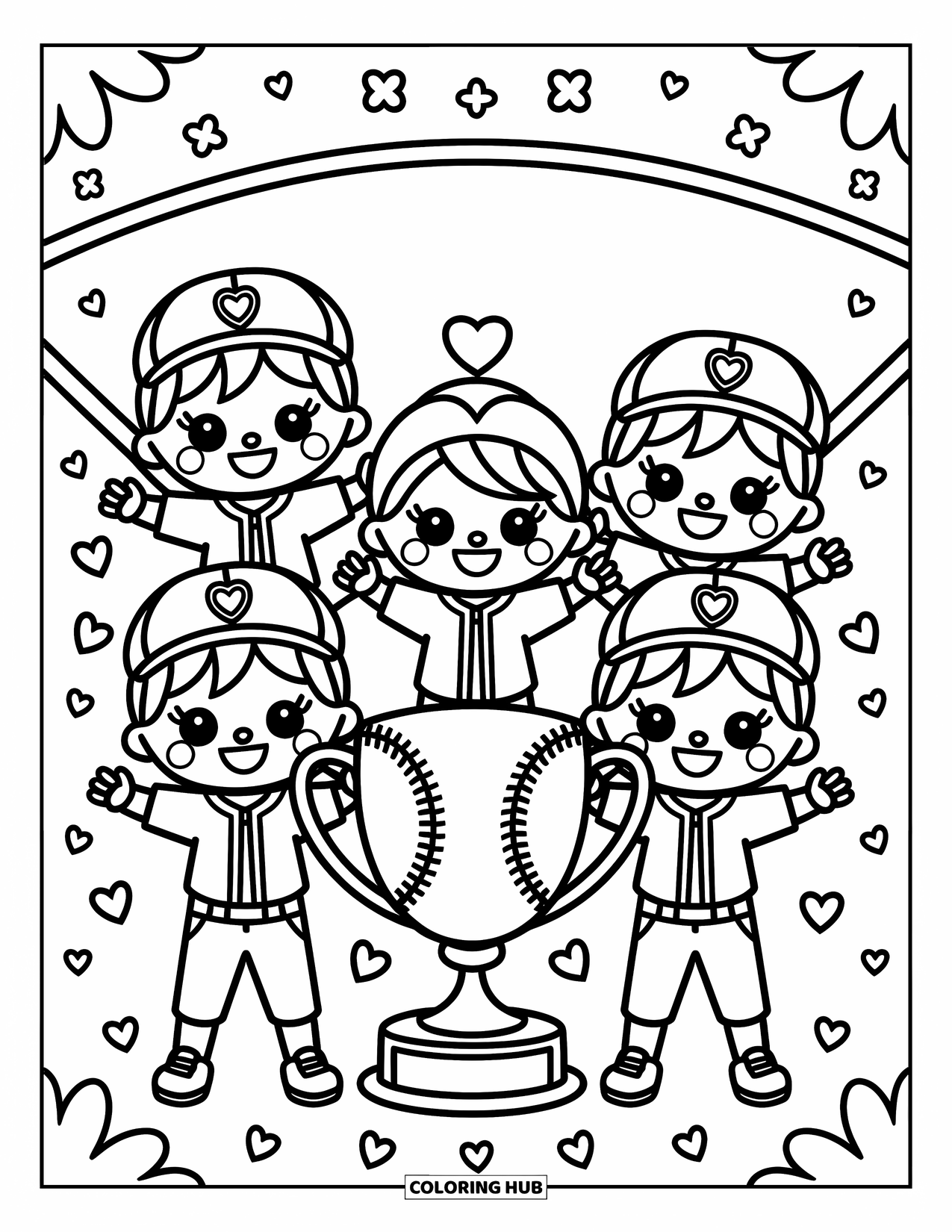 Kolorowanka z baseballem dla dorosłych: Urocza drużyna baseballowa uśmiecha się dumnie z trofeum i figlarnymi sercami i kwiatami wokół