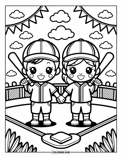 Coloriage de baseball pour adultes : Un garçon et une fille adorables en uniformes assortis se tiennent la main dans un stade, avec des banderoles et des nuages