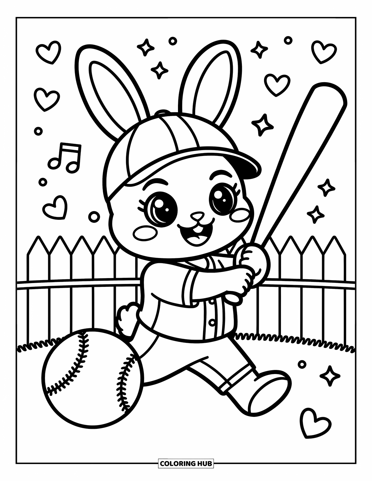 Kolorowanka z baseballem dla dorosłych: Uroczy króliczek w stroju baseballowym wymachuje kijem z gwiazdami, sercami i nutami muzycznymi w pobliżu