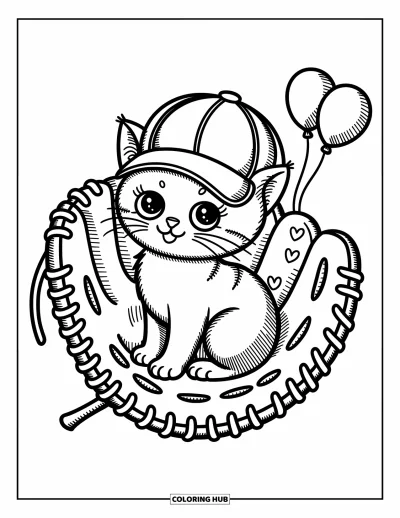 Coloriage de baseball pour adultes : Un chaton adorable avec une casquette surdimensionnée est assis dans un gant décoré de volutes et de ballons