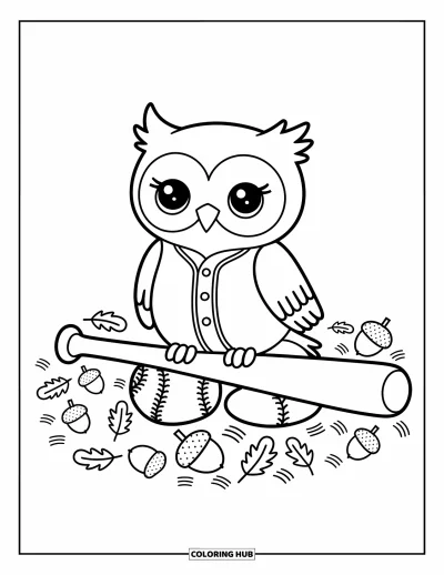 Coloriage de baseball pour adultes : Une chouette adorable en uniforme de baseball perchée sur une batte, avec des volutes et des feuilles en dessous