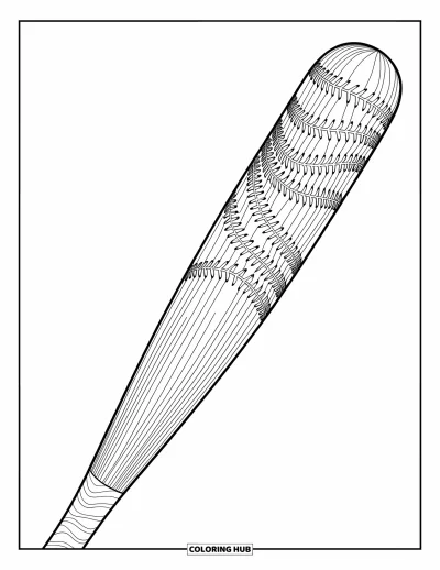 Coloriage de baseball pour adultes : Une batte de baseball détaillée avec des gravures ornées, entourée de motifs et d’ornements décoratifs