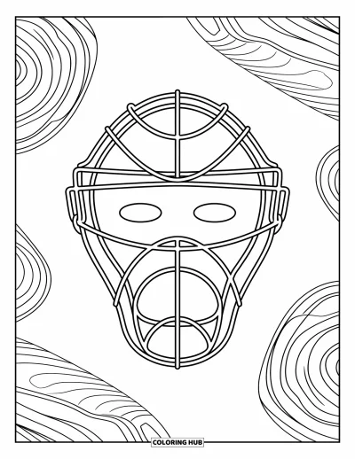 Coloriage de baseball pour adultes : Un masque de receveur détaillé encadré de motifs tourbillonnants et d’un fond ornemental complexe