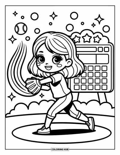 Coloriage de baseball pour adultes : Une lanceuse envoie la balle, avec des lignes tourbillonnantes, des étincelles et un tableau d’affichage décoré derrière elle