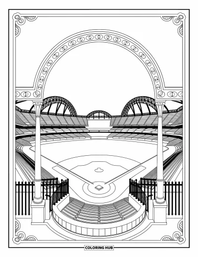 Coloriage de baseball pour adultes : Un grand stade de baseball avec des arches complexes et des fioritures élégantes remplit cette scène détaillée