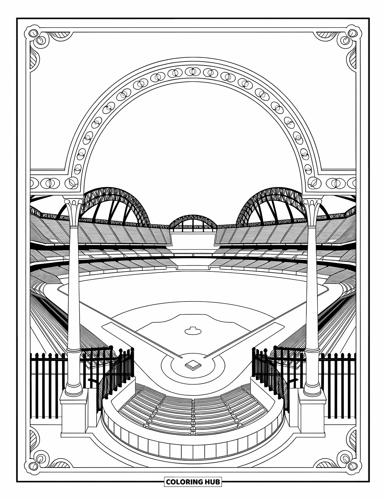 Kolorowanka z baseballem dla dorosłych: Wielki stadion baseballowy ze skomplikowanymi łukami i eleganckimi ornamentami wypełnia szczegółową scenę