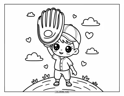 Coloriage de baseball pour adultes : Un garçon de baseball joyeux se tient avec un gant sur une colline, tandis que des cœurs et de gros nuages flottent