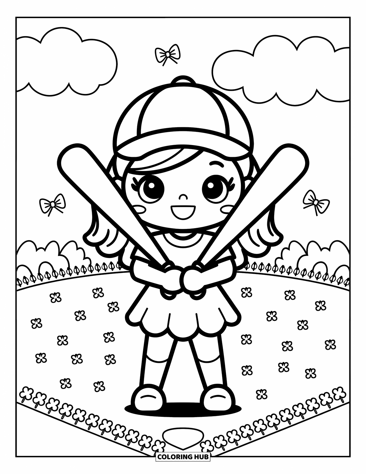 Kolorowanka z baseballem dla dorosłych: Uśmiechnięta dziewczynka grająca w baseball stoi, trzymając dwa skrzyżowane kije, a wokół niej widać kokardy i koniczyny