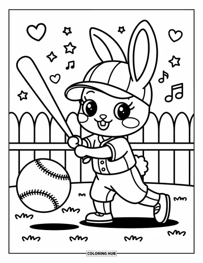 Coloriage de baseball pour adultes : Un lapin joyeux balance une batte géante, avec des cœurs et des étoiles flottants et une clôture en arrière-plan