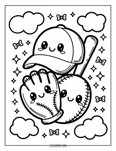 Coloriage de baseball pour adultes : Une casquette, un gant et une batte heureux avec des visages souriants, posés ensemble avec des étincelles et des nuages