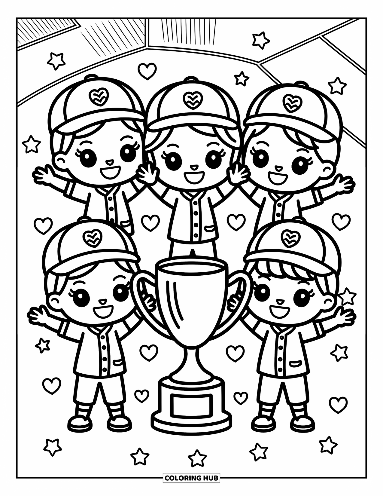 Kolorowanka z baseballem dla dorosłych: Uśmiechnięta grupa dzieci grających w baseball pozuje z trofeum w otoczeniu gwiazd i kwiatów