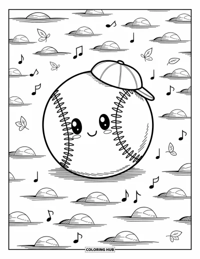Coloriage de baseball pour adultes : Une grande balle de baseball souriante avec une casquette roule dans un champ, avec des notes de musique et des papillons
