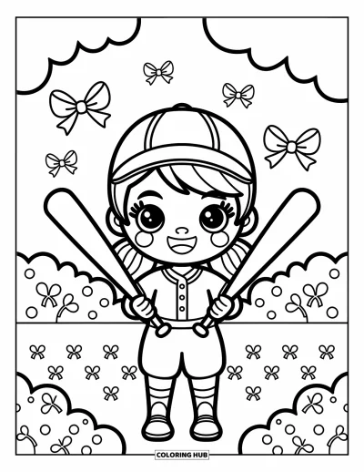Coloriage de baseball pour adultes : Une joueuse de baseball rayonnante tient deux battes croisées, avec des trèfles et des nœuds en arrière-plan