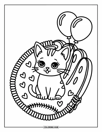 Coloriage de baseball pour adultes : Un chaton portant une grande casquette de baseball assis dans un gant, entouré de cœurs et de ballons