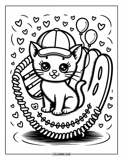 Coloriage de baseball pour adultes : Un chaton avec une grande casquette de baseball est assis dans un gant, avec des cœurs et des ballons à côté