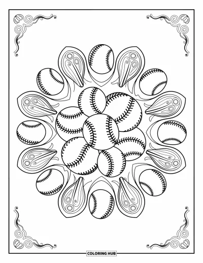 Coloriage de baseball pour adultes : Un mandala d’éléments de baseball entouré de motifs ornés et de fioritures décoratives