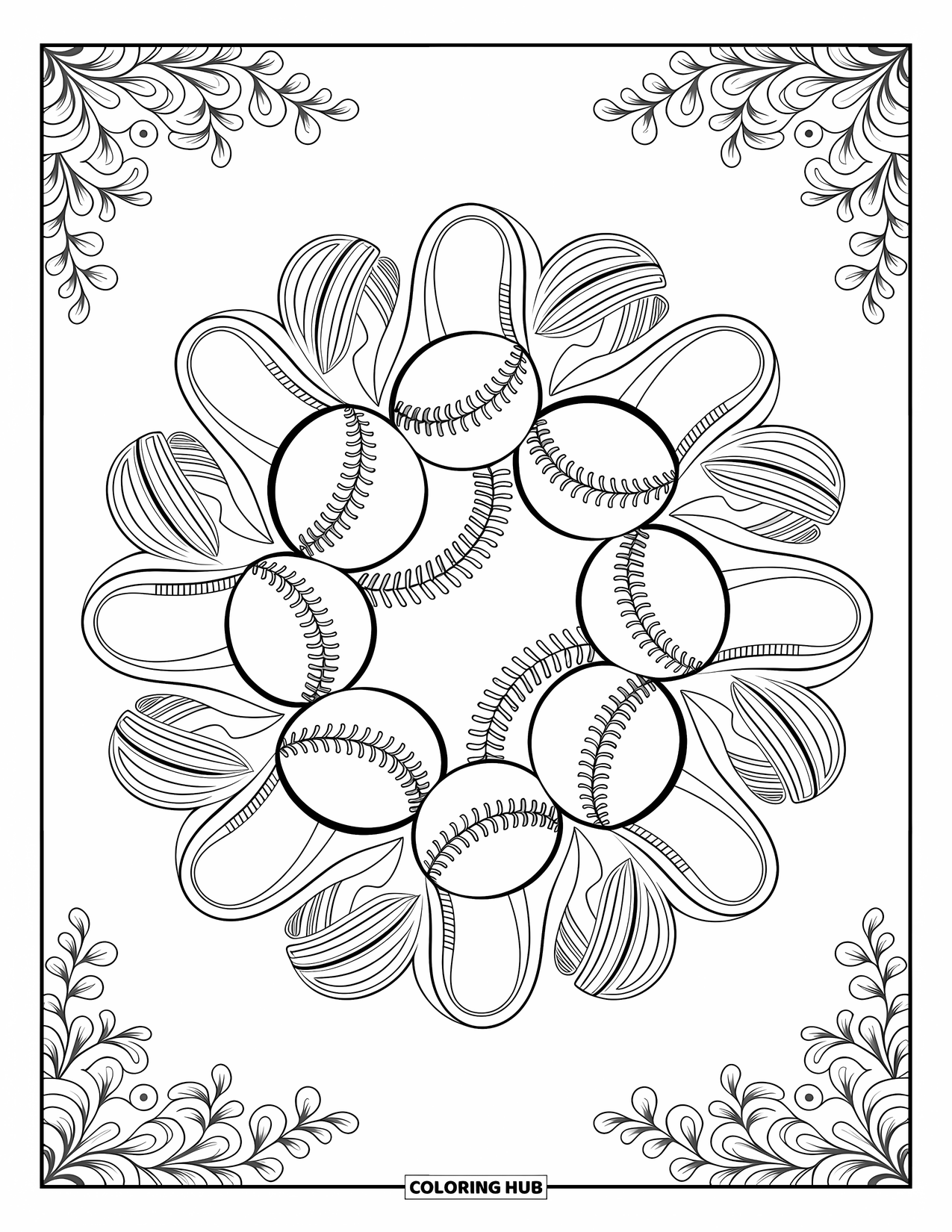 Kolorowanka z baseballem dla dorosłych: Mandala z nakładających się piłek baseballowych, kijów i rękawic jest otoczona wirującymi kwiatowymi obramowaniami