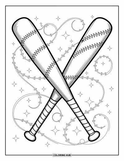 Coloriage de baseball pour adultes : Une paire de battes de baseball avec des lianes et des étoiles se distingue sur un fond de motifs détaillés