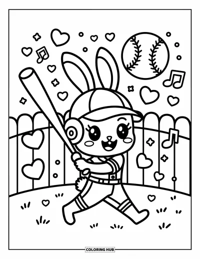 Coloriage de baseball pour adultes : Un lapin joueur balance une grande batte avec des cœurs et des étoiles flottants, devant une clôture doucement arrondie