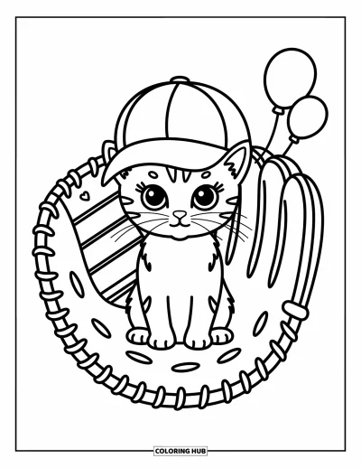 Coloriage de baseball pour adultes : Un chaton joueur portant une grande casquette de baseball se repose dans un gant, avec des cœurs et des ballons